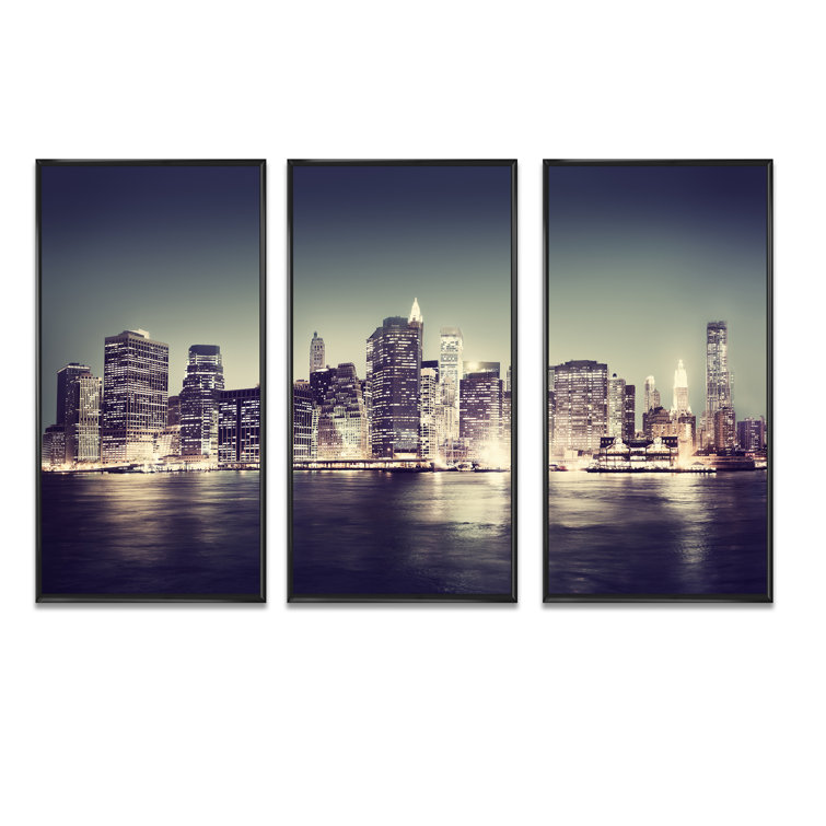Ebern Designs Black And White NYC Night Panorama Framed On Canvas 3